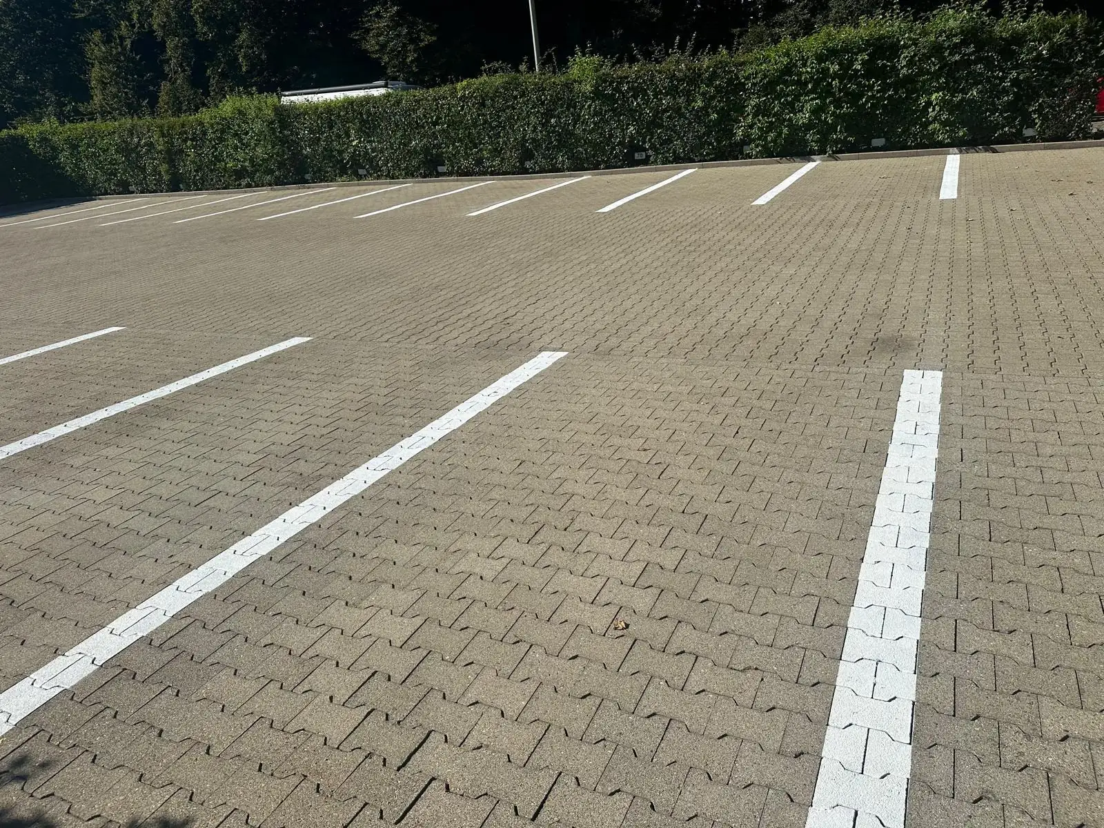 Parkplatz einer Wohnanlage, links grau und bemoost mit verblassten Markierungen, rechts nach Reinigung und neuer Markierung., nach der Reinigung